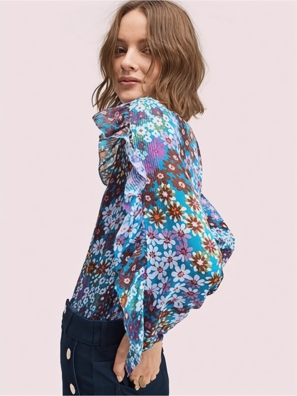 Kate Spade Pacific Petals Silk Floral Ruffle Blouse Top Blue Small